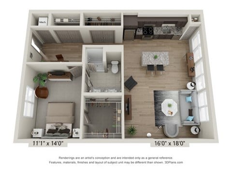 A 3D floor plan of a small apartment with a kitchen, living room, and bathroom.
